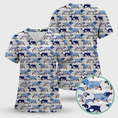 Cute Dachshund Raincoat Parade Pattern Scrub Top, Comfortable Scrubs for Nurses