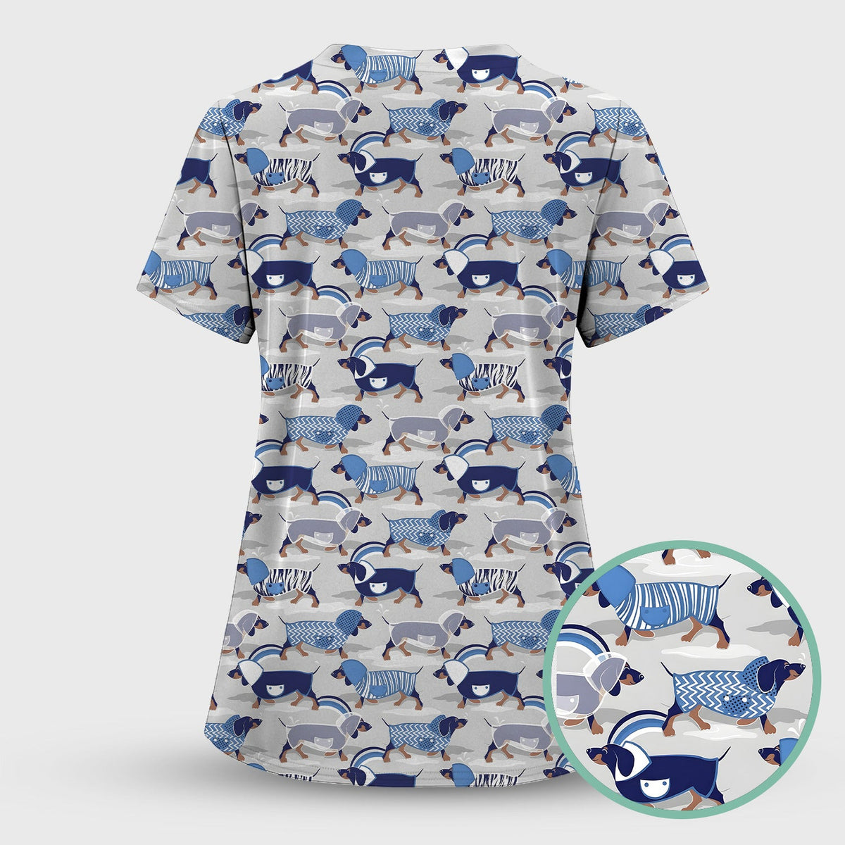 Cute Dachshund Raincoat Parade Pattern Scrub Top, Comfortable Scrubs for Nurses