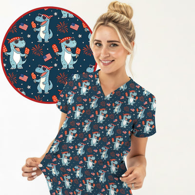 Dinosaur With Flag American Pattern Scrub Top, Comfortable Scrubs for Nurses