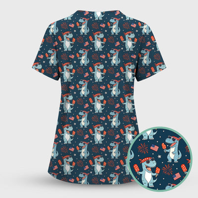 Dinosaur With Flag American Pattern Scrub Top, Comfortable Scrubs for Nurses