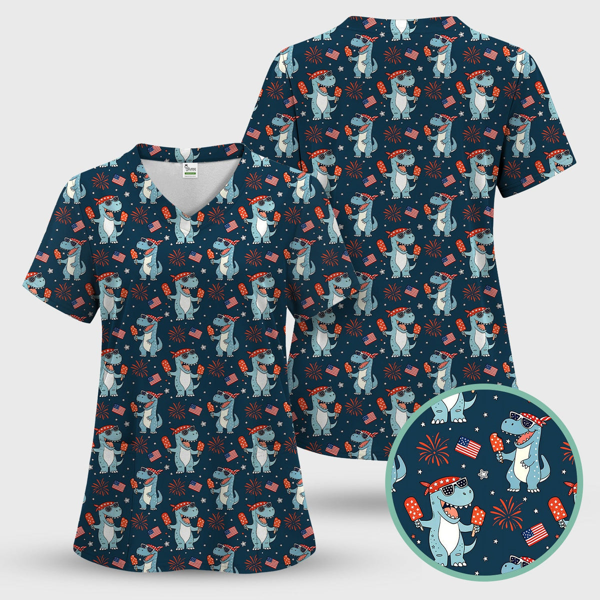 Dinosaur With Flag American Pattern Scrub Top, Comfortable Scrubs for Nurses