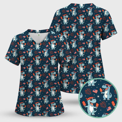 Dinosaur With Flag American Pattern Scrub Top, Comfortable Scrubs for Nurses