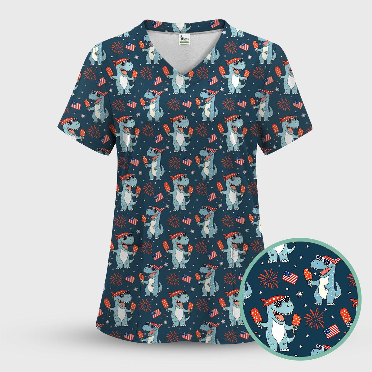 Dinosaur With Flag American Pattern Scrub Top, Comfortable Scrubs for Nurses