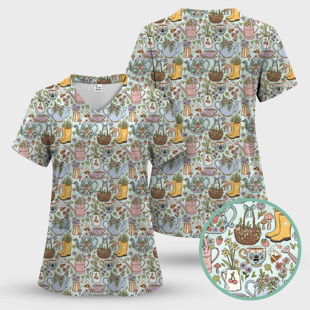 Garden Tea Party Floral Print Scrub Top, Comfortable Scrubs for Nurses