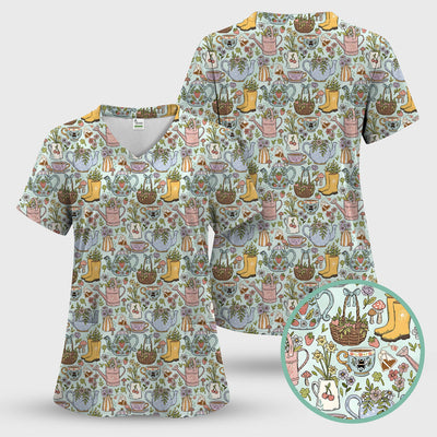 Garden Tea Party Floral Print Scrub Top, Comfortable Scrubs for Nurses