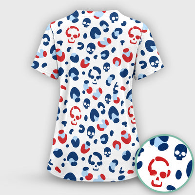 Red Blue Skull Leopard Pattern Scrub Top, Comfortable Scrubs for Nurses