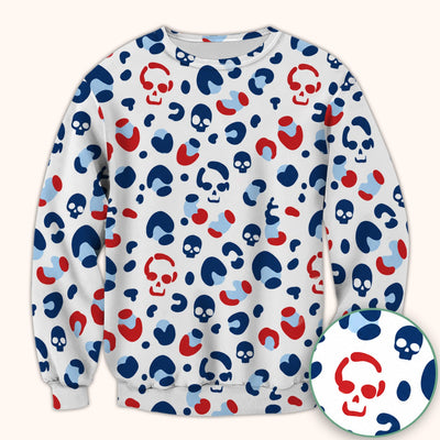 Red Blue Skull Leopard Pattern Scrub Top, Comfortable Scrubs for Nurses