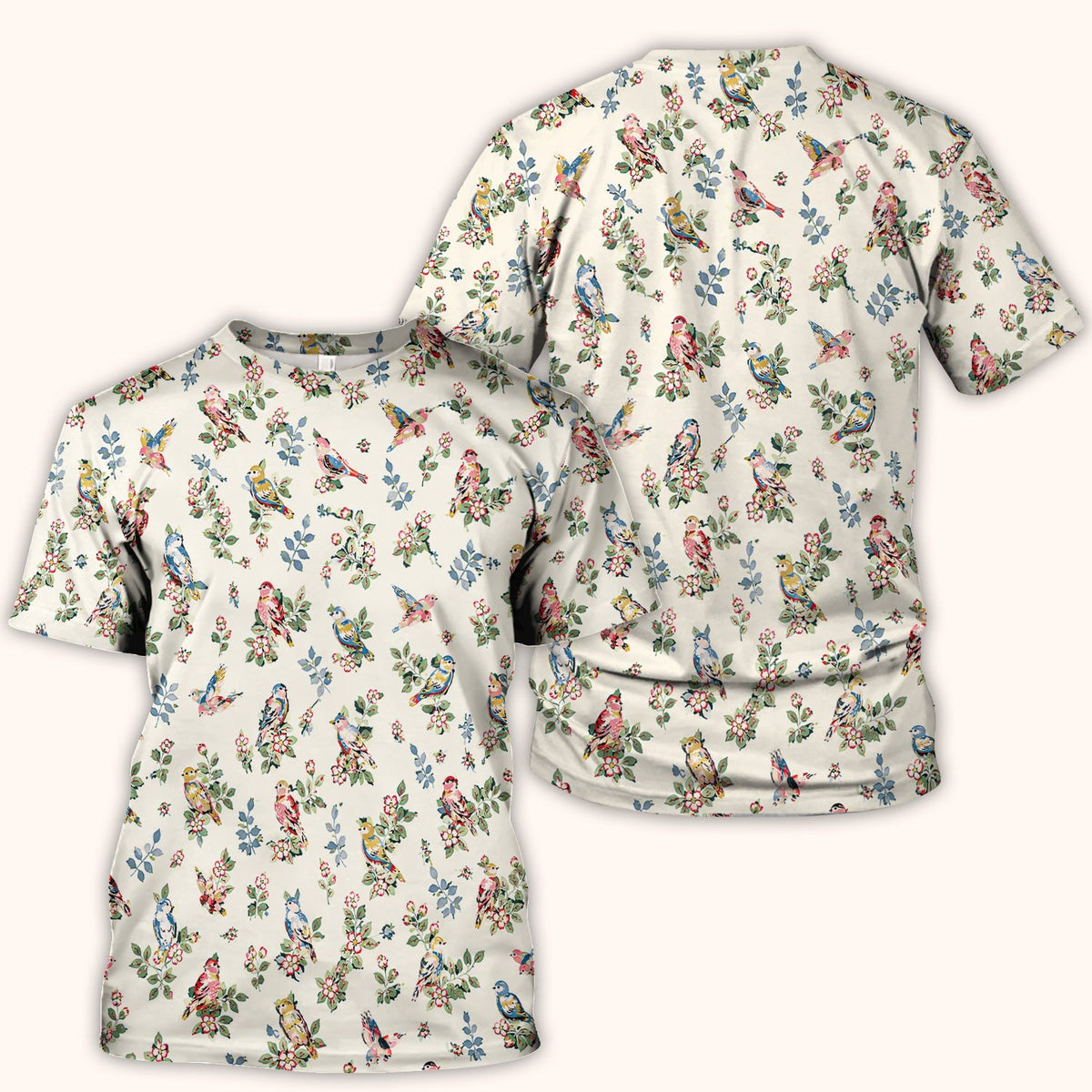 Cute Vintage Birds Blossom Pattern Scrub Top, Comfortable Scrubs for Nurses