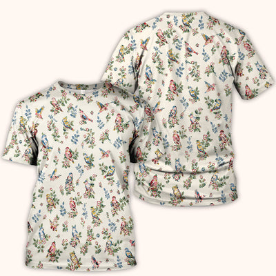 Cute Vintage Birds Blossom Pattern Scrub Top, Comfortable Scrubs for Nurses