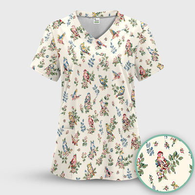 Cute Vintage Birds Blossom Pattern Scrub Top, Comfortable Scrubs for Nurses