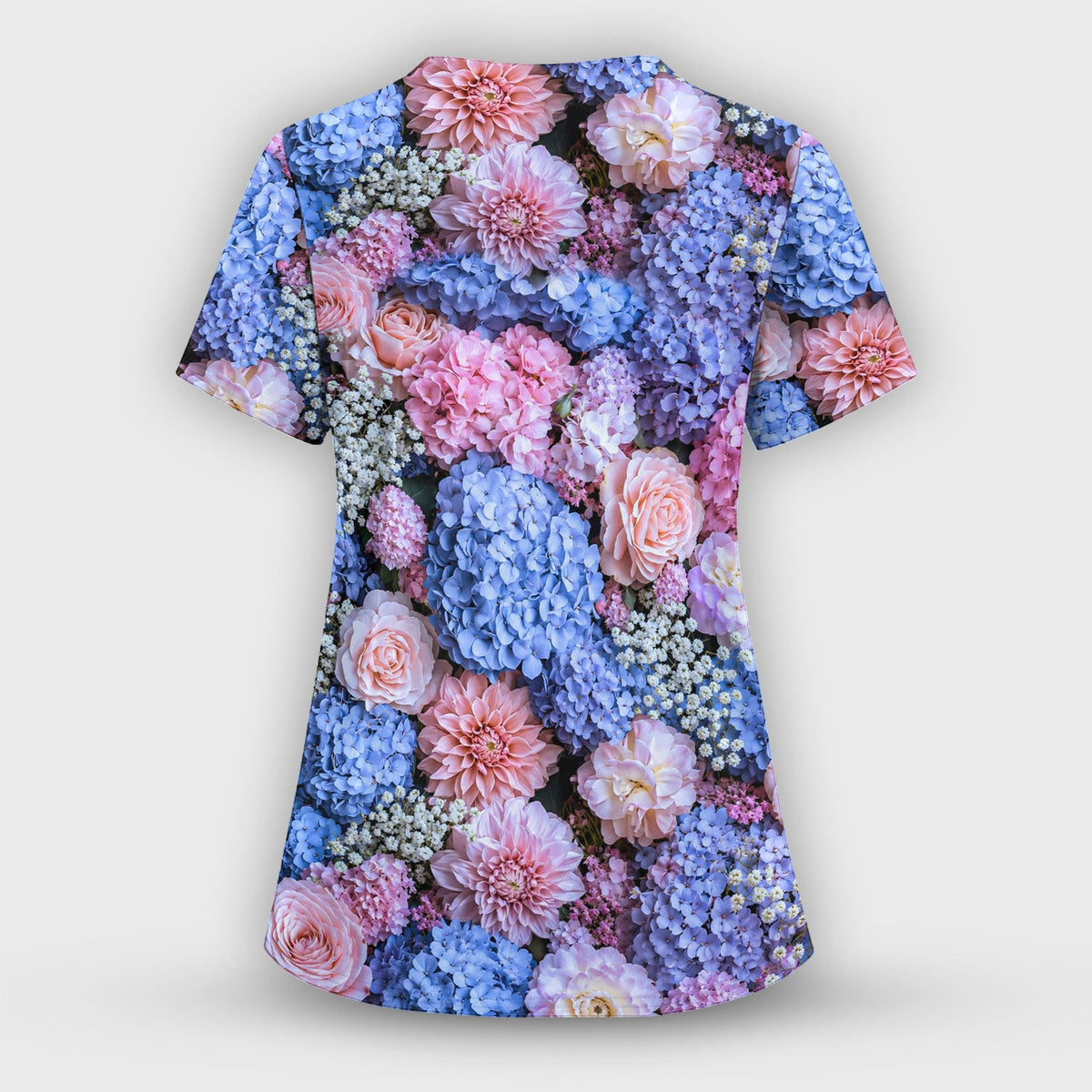 Cute Pastel Hydrangea Rose Blossom Pattern Scrub Top, Comfortable Scrubs for Nurses