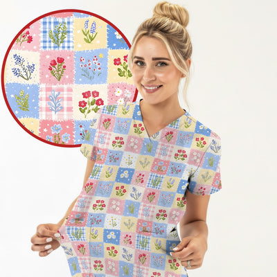 Pastel Patchwork Wildflower Garden Print Scrub Top, Comfortable Scrubs for Nurses