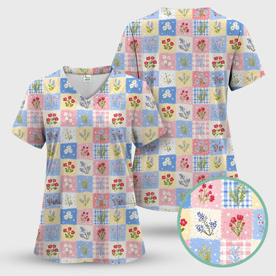 Pastel Patchwork Wildflower Garden Print Scrub Top, Comfortable Scrubs for Nurses