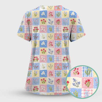 Pastel Patchwork Wildflower Garden Print Scrub Top, Comfortable Scrubs for Nurses