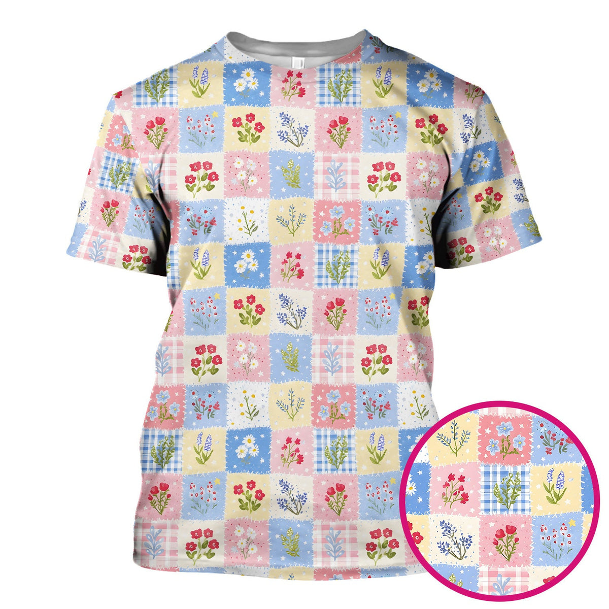 Pastel Patchwork Wildflower Garden Print Scrub Top, Comfortable Scrubs for Nurses