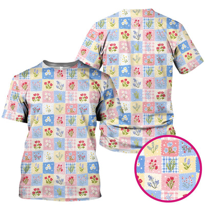 Pastel Patchwork Wildflower Garden Print Scrub Top, Comfortable Scrubs for Nurses