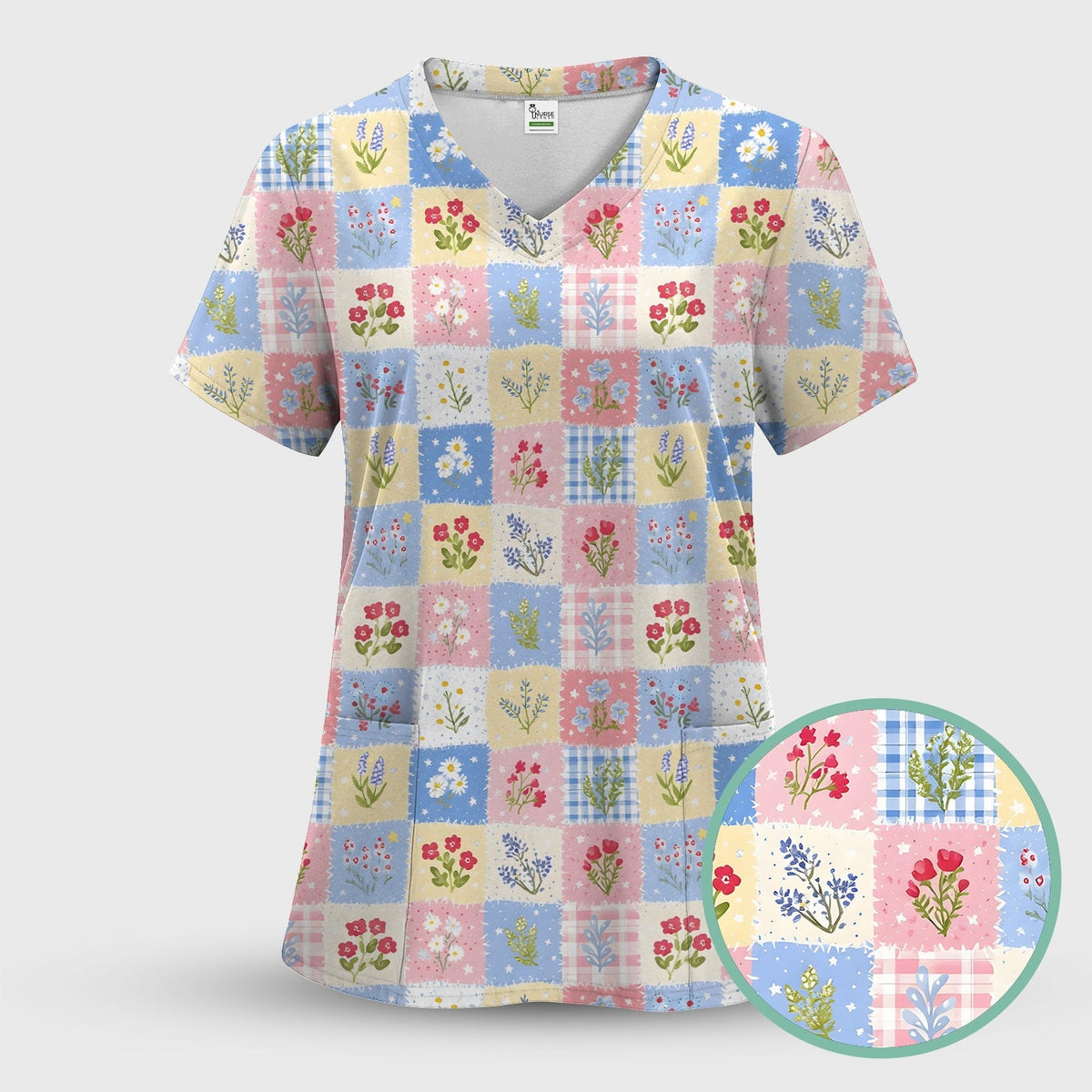 Pastel Patchwork Wildflower Garden Print Scrub Top, Comfortable Scrubs for Nurses