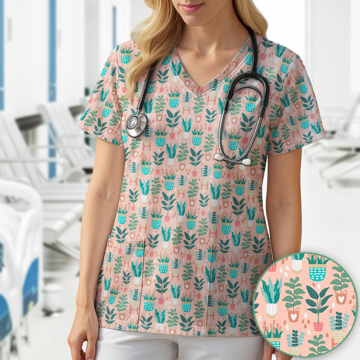 Potted Houseplant Leaves Pattern Scrub Top, Comfortable Scrubs for Nurses