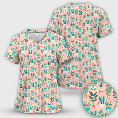 Potted Houseplant Leaves Pattern Scrub Top, Comfortable Scrubs for Nurses