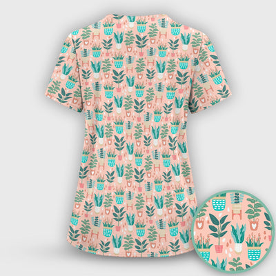 Potted Houseplant Leaves Pattern Scrub Top, Comfortable Scrubs for Nurses