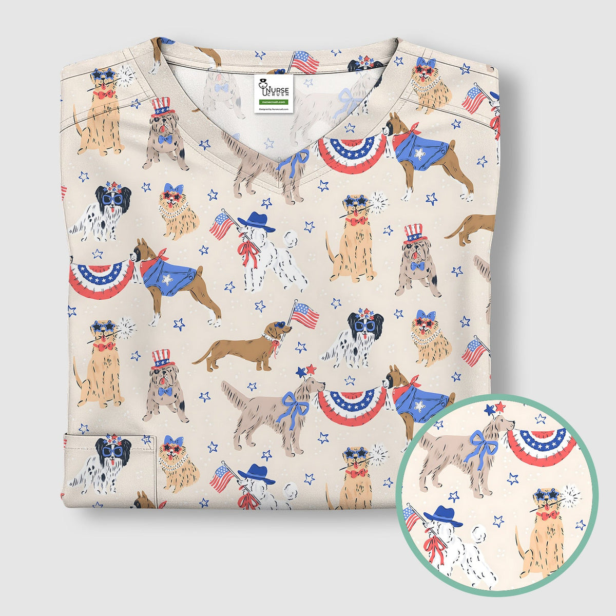 Patriotic Dog Parade Pattern Scrub Top, Comfortable Scrubs for Nurses