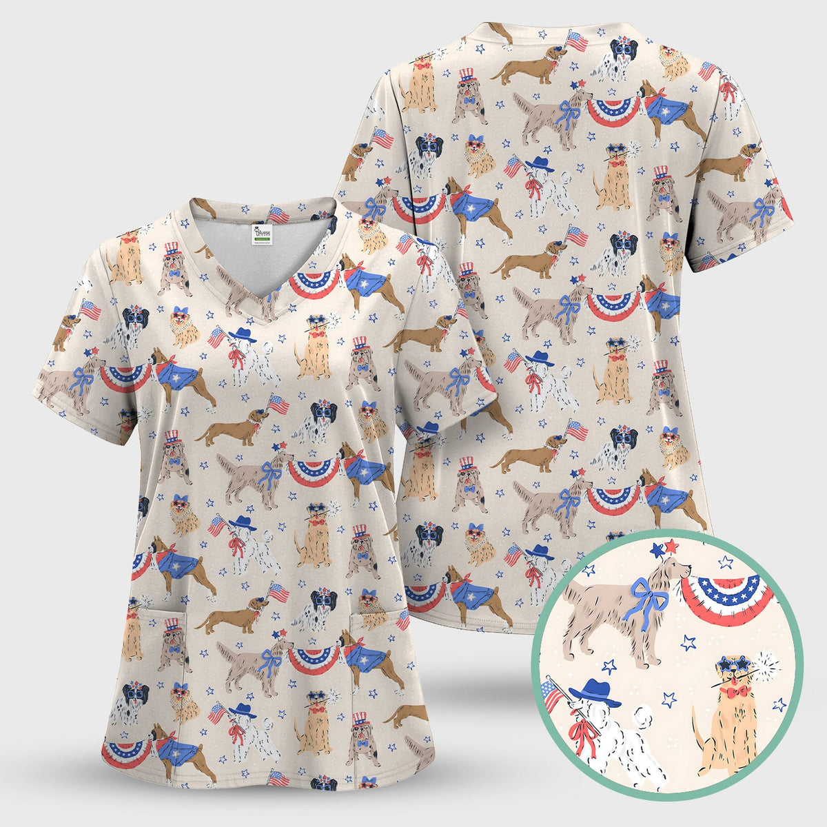 Patriotic Dog Parade Pattern Scrub Top, Comfortable Scrubs for Nurses