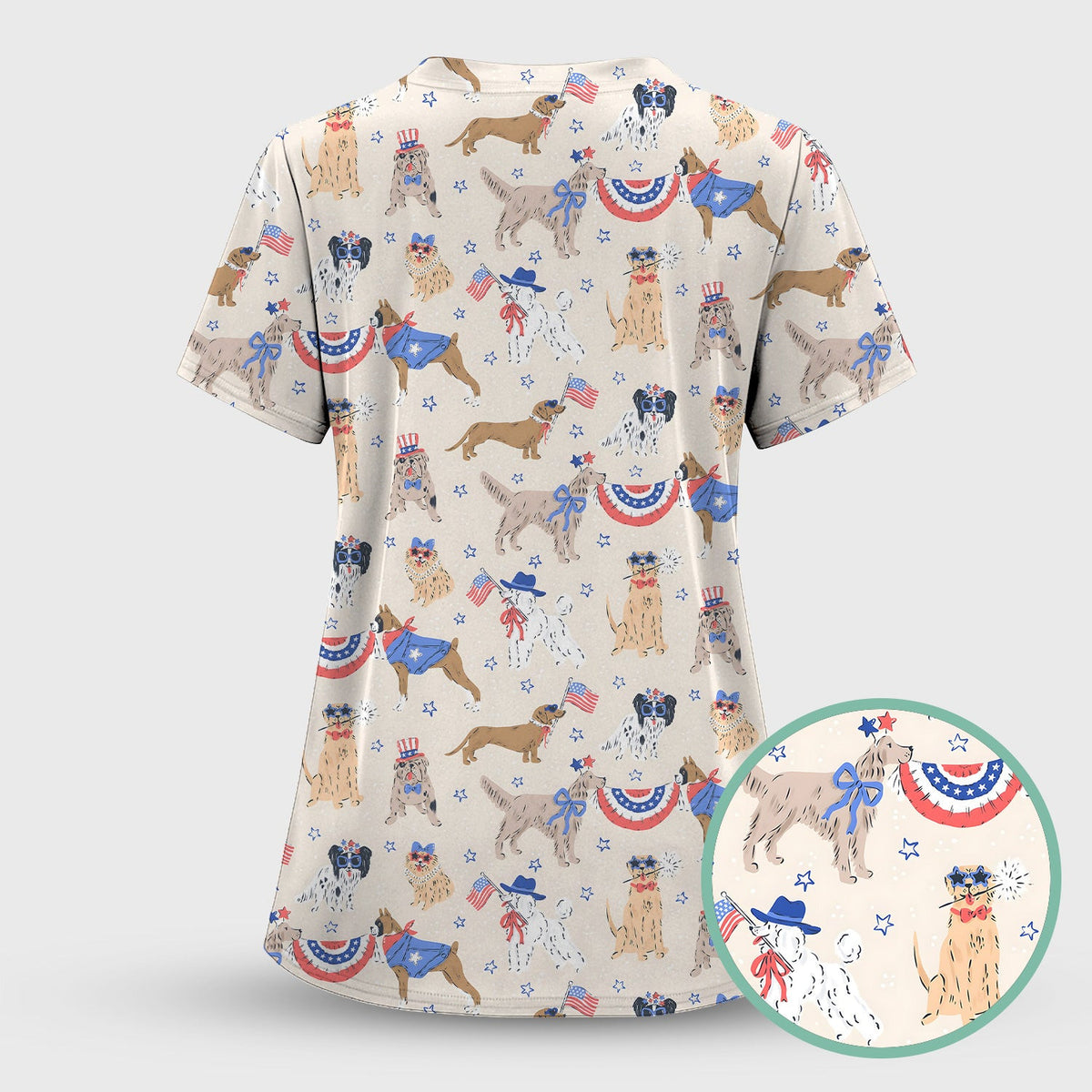 Patriotic Dog Parade Pattern Scrub Top, Comfortable Scrubs for Nurses