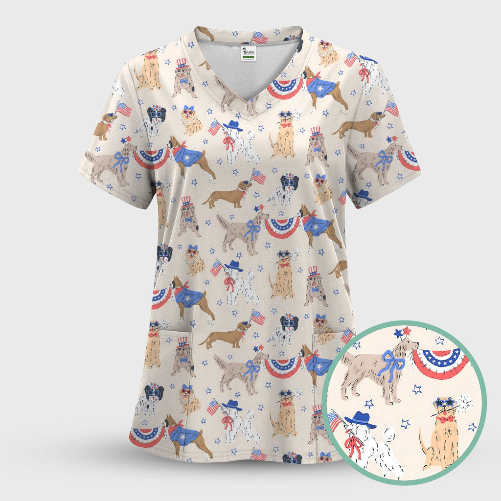 Patriotic Dog Parade Pattern Scrub Top, Comfortable Scrubs for Nurses