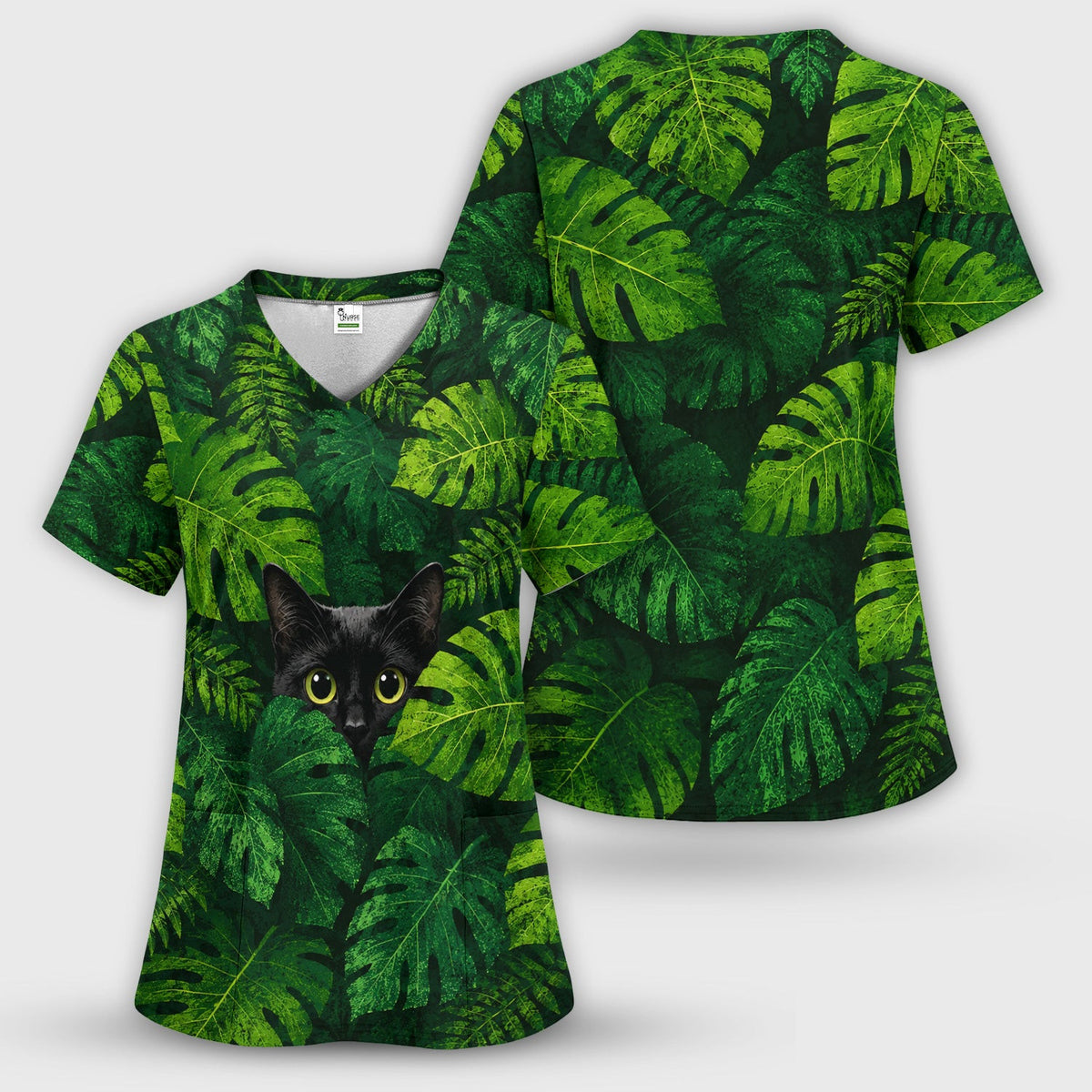 Cute Hidden Black Cat Pattern Scrub Top, Comfortable Scrubs for Nurses