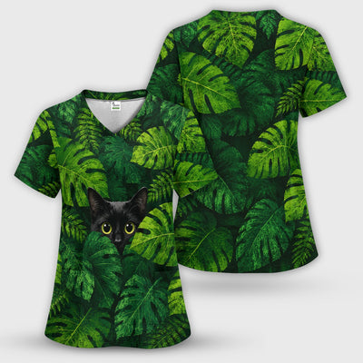 Cute Hidden Black Cat Pattern Scrub Top, Comfortable Scrubs for Nurses