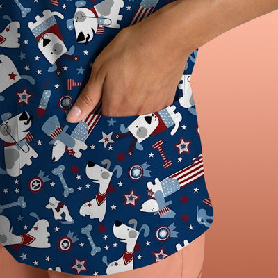 Patriotic Nurse Dog Stars Pattern Scrub Top, Comfortable Scrubs for Nurses