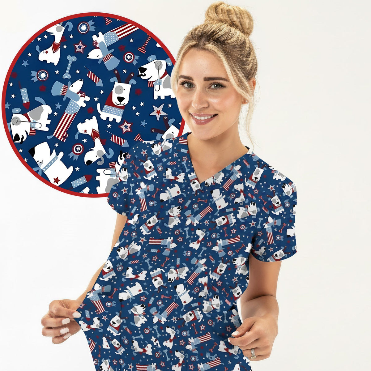 Patriotic Nurse Dog Stars Pattern Scrub Top, Comfortable Scrubs for Nurses