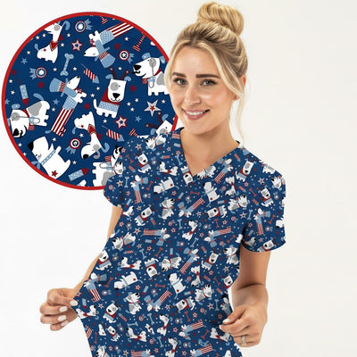 Patriotic Nurse Dog Stars Pattern Scrub Top, Comfortable Scrubs for Nurses
