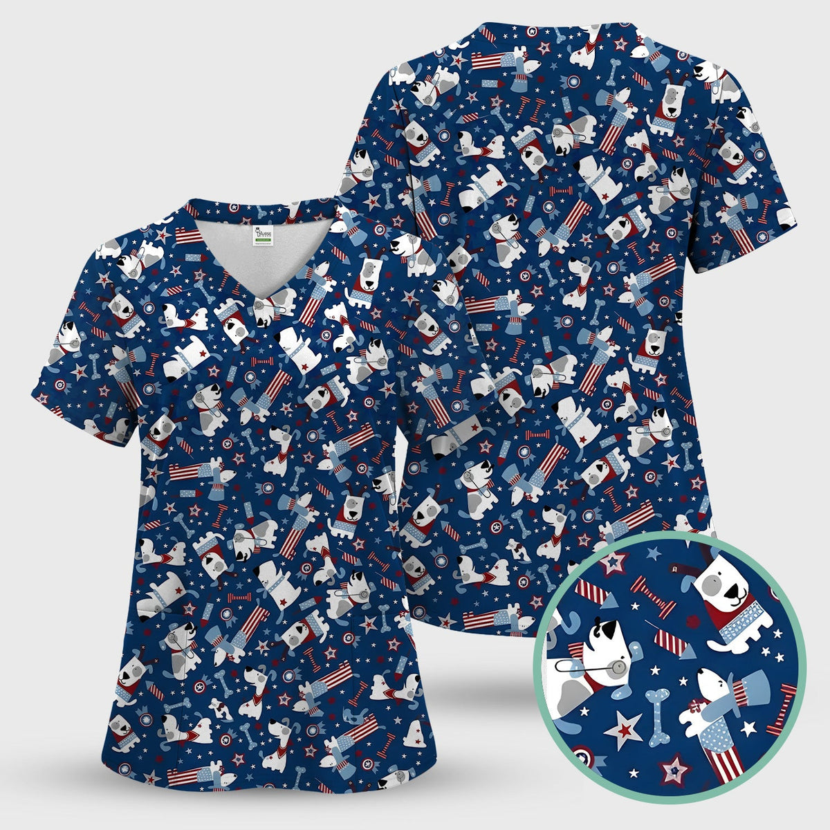 Patriotic Nurse Dog Stars Pattern Scrub Top, Comfortable Scrubs for Nurses