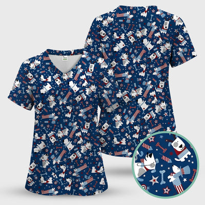 Patriotic Nurse Dog Stars Pattern Scrub Top, Comfortable Scrubs for Nurses