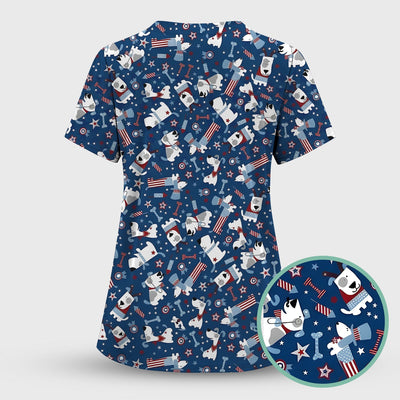 Patriotic Nurse Dog Stars Pattern Scrub Top, Comfortable Scrubs for Nurses