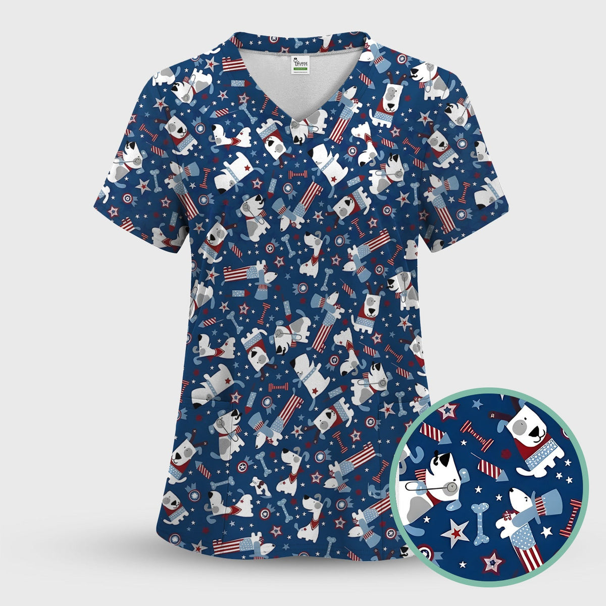 Patriotic Nurse Dog Stars Pattern Scrub Top, Comfortable Scrubs for Nurses