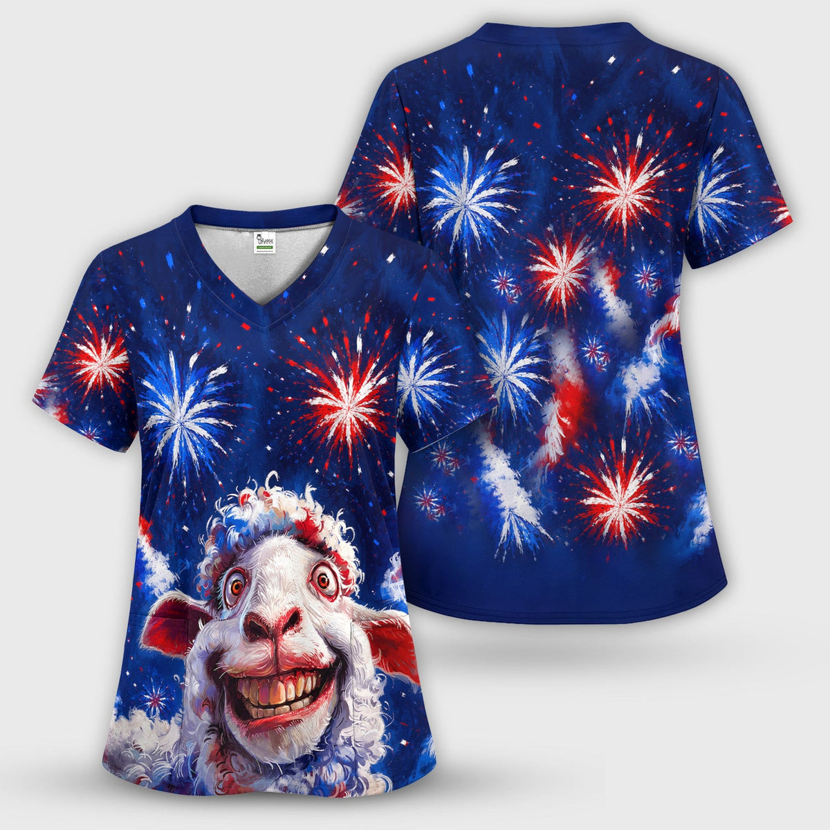 Funny Patriotic Sheep Fireworks Print Scrub Top, Comfortable Scrubs for Nurses