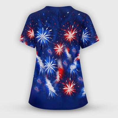 Funny Patriotic Sheep Fireworks Print Scrub Top, Comfortable Scrubs for Nurses