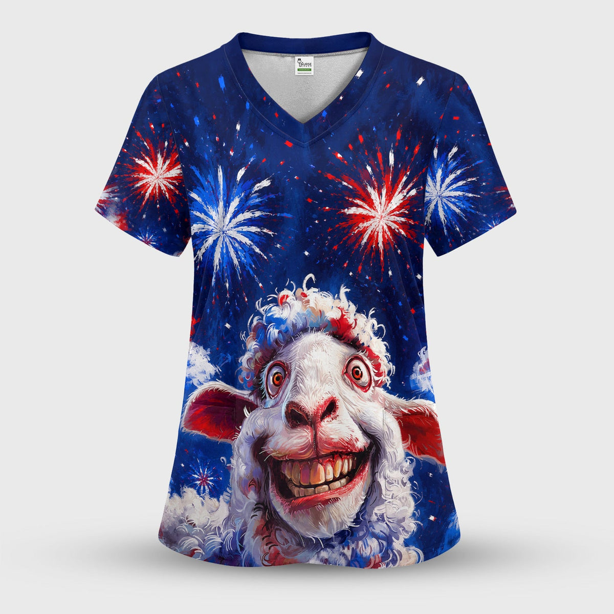 Funny Patriotic Sheep Fireworks Print Scrub Top, Comfortable Scrubs for Nurses