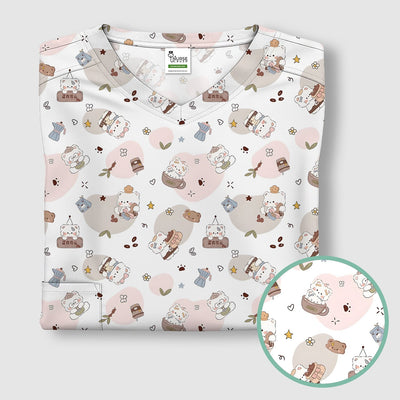 Cute Cat With Coffee Paw Heart Pattern Scrub Top, Comfortable Scrubs for Nurses