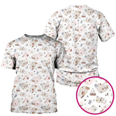 Cute Cat With Coffee Paw Heart Pattern Scrub Top, Comfortable Scrubs for Nurses