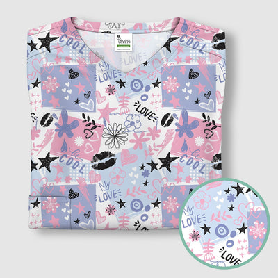 Cute Love Hearts Doodle Print Scrub Top, Comfortable Scrubs for Nurses