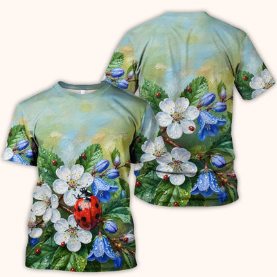 Cute Ladybug Blossom Garden Pattern Scrub Top, Comfortable Scrubs for Nurses
