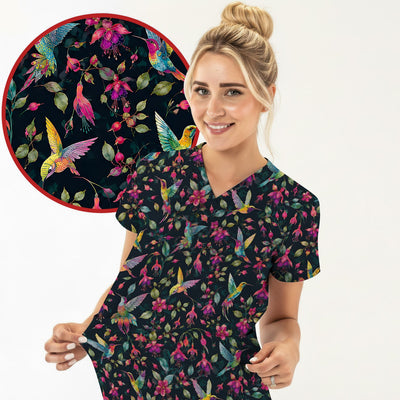 Hummingbird Fuchsia Bloom Pattern Scrub Top, Comfortable Scrubs for Nurses