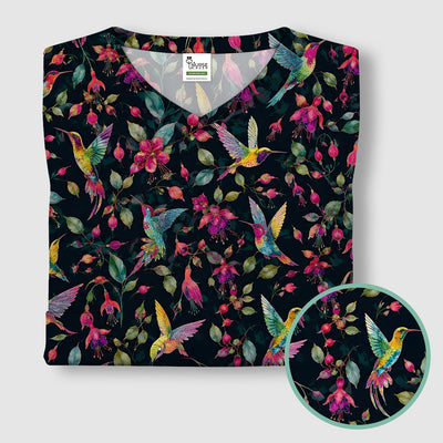Hummingbird Fuchsia Bloom Pattern Scrub Top, Comfortable Scrubs for Nurses