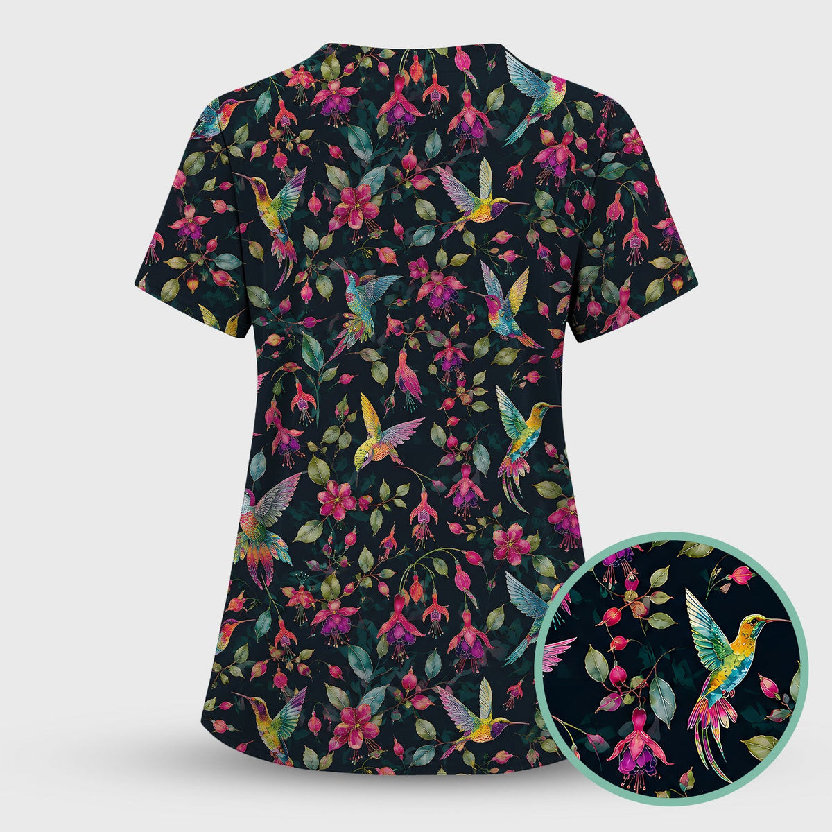 Hummingbird Fuchsia Bloom Pattern Scrub Top, Comfortable Scrubs for Nurses