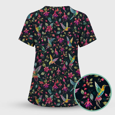 Hummingbird Fuchsia Bloom Pattern Scrub Top, Comfortable Scrubs for Nurses