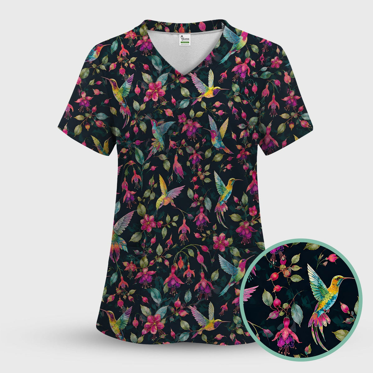 Hummingbird Fuchsia Bloom Pattern Scrub Top, Comfortable Scrubs for Nurses