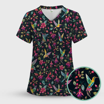 Hummingbird Fuchsia Bloom Pattern Scrub Top, Comfortable Scrubs for Nurses